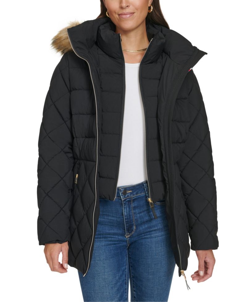 Women's Bibbed Faux-Fur-Trim Hooded Puffer Coat
