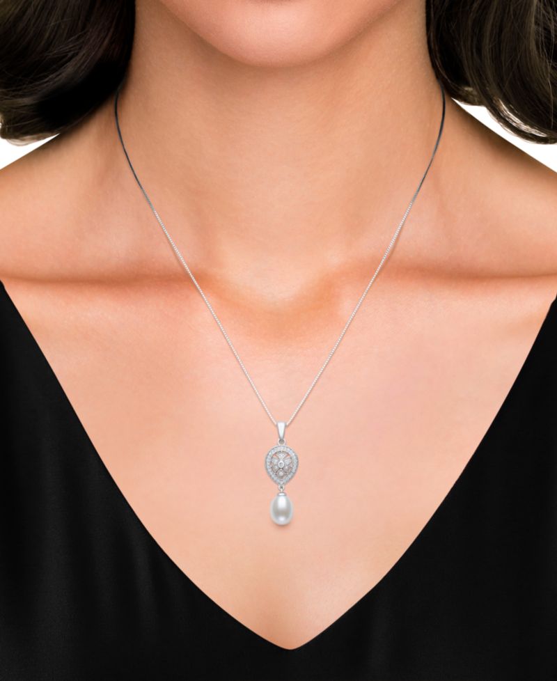 Cultured Freshwater White Drop Pearl (8-9mm) and Lab Created Sapphire Necklace in Sterling Silver