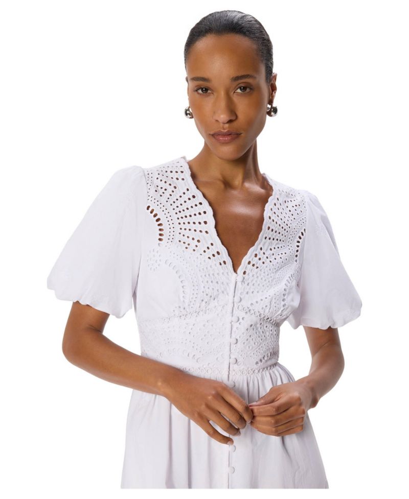 Women's Broderie V-Neck Voluminous Short-Sleeve Midi Dress