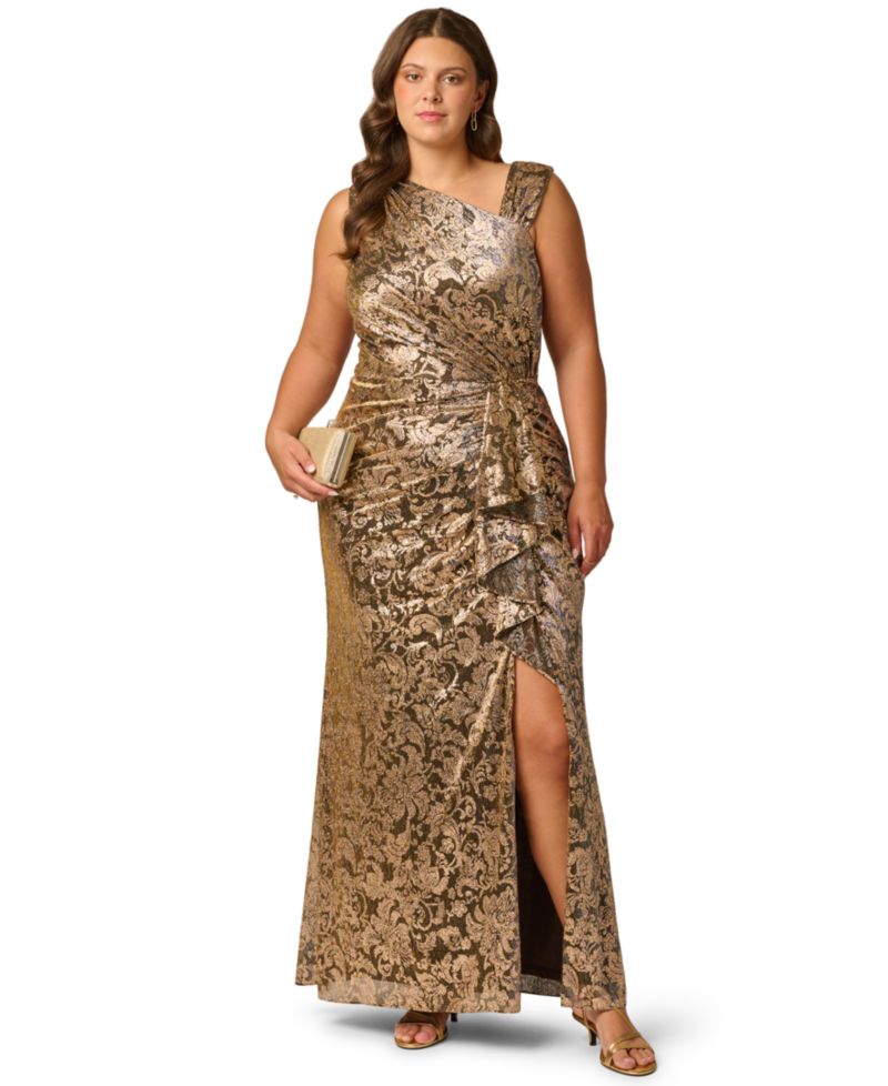 Plus Size Metallic-Crinkle Asymmetrical Floral Gown