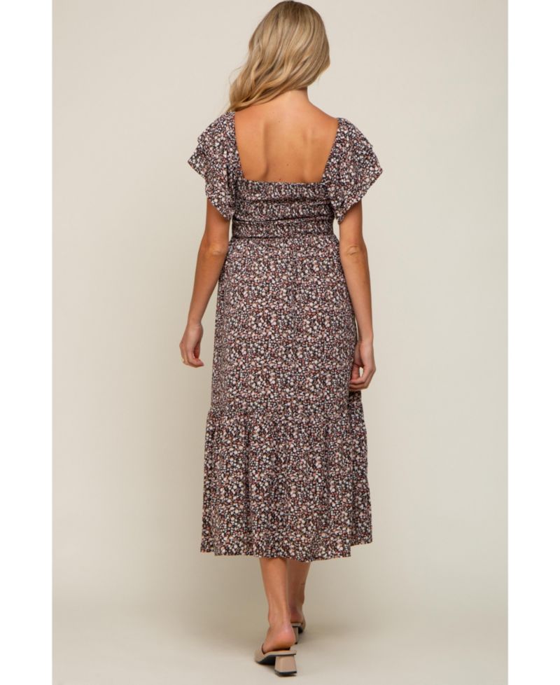 Women's Cream Floral Flutter Midi Dress
