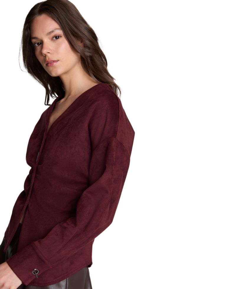Women's Asymmetric Hem Pleated Faux Suede Shirt