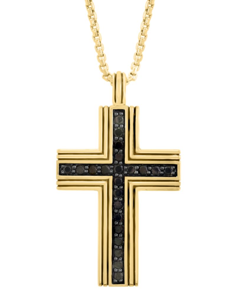 EFFY® Men's Black Spinel Square Cross 22" Pendant Necklace (3/4 ct. t.w.) in Gold-Plated Sterling Silver