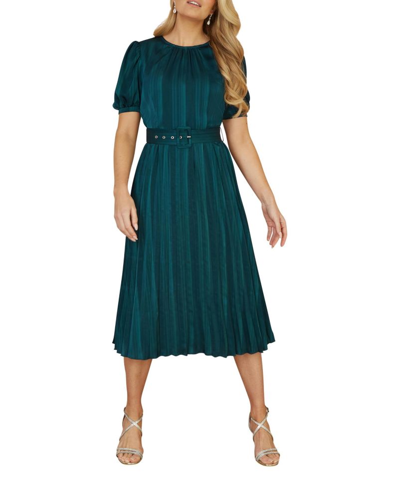 Women's Satin Pleated Stripe Midi Dress