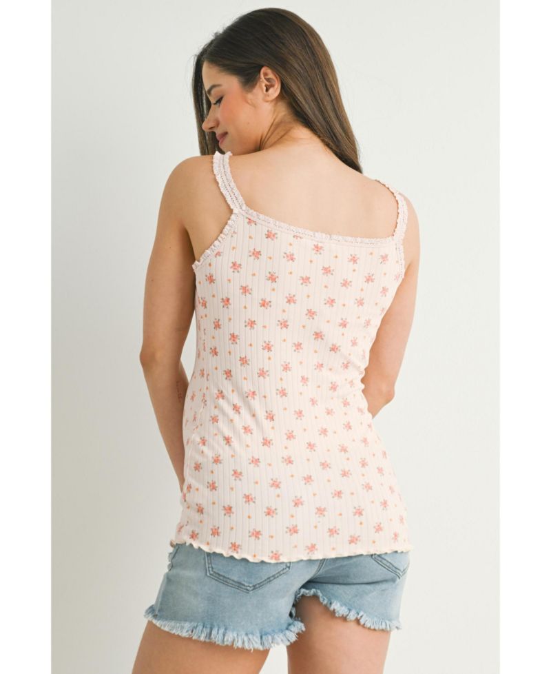 Maternity Ribbed Floral Lace Trim Cami Tank Top