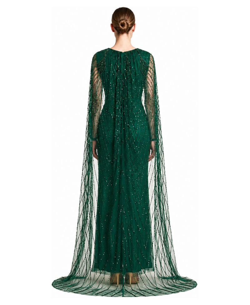 Women's V-Neck Beaded Dress with Long Cape