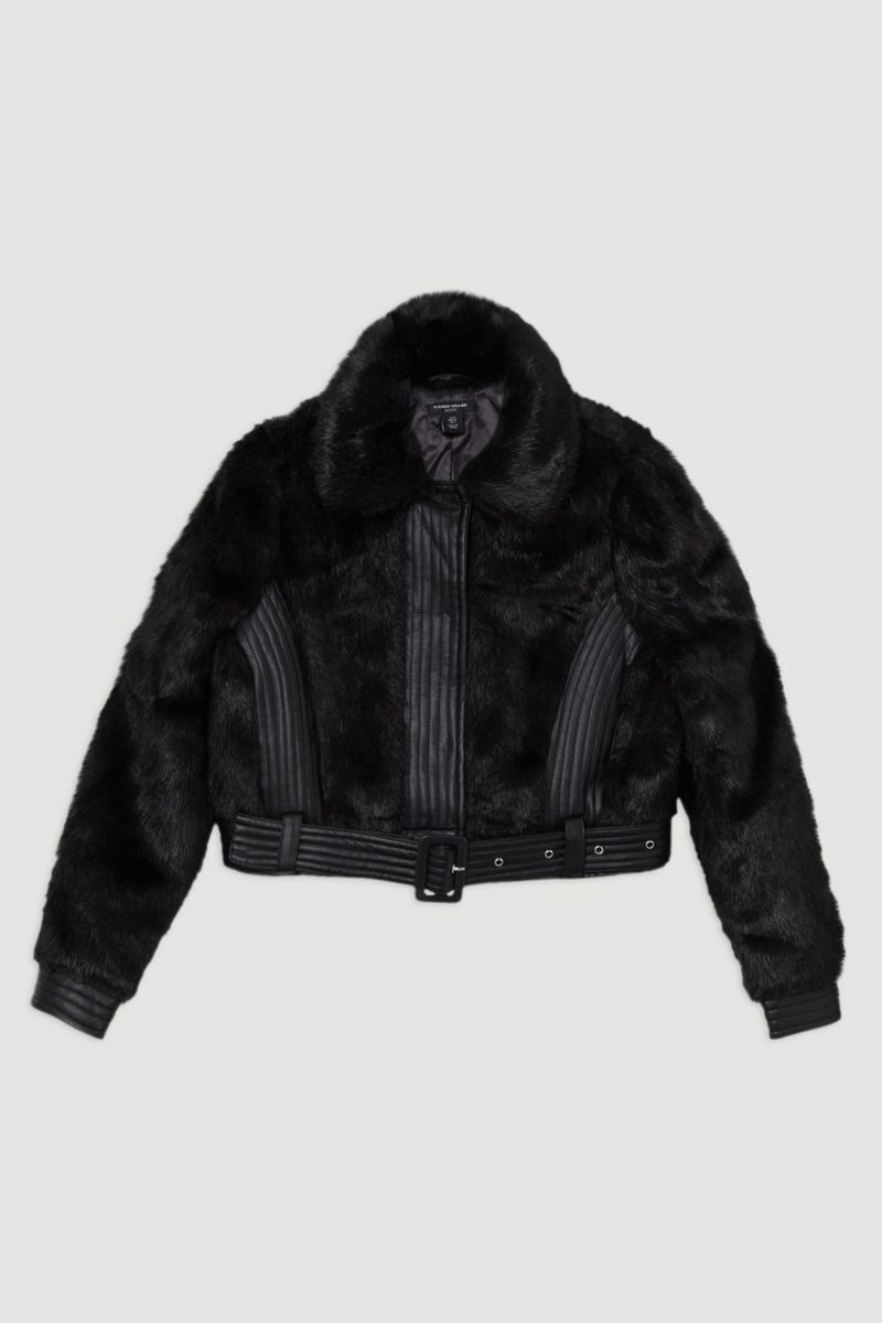 Women's Faux Fur Pu Panel Belted Cropped Jacket