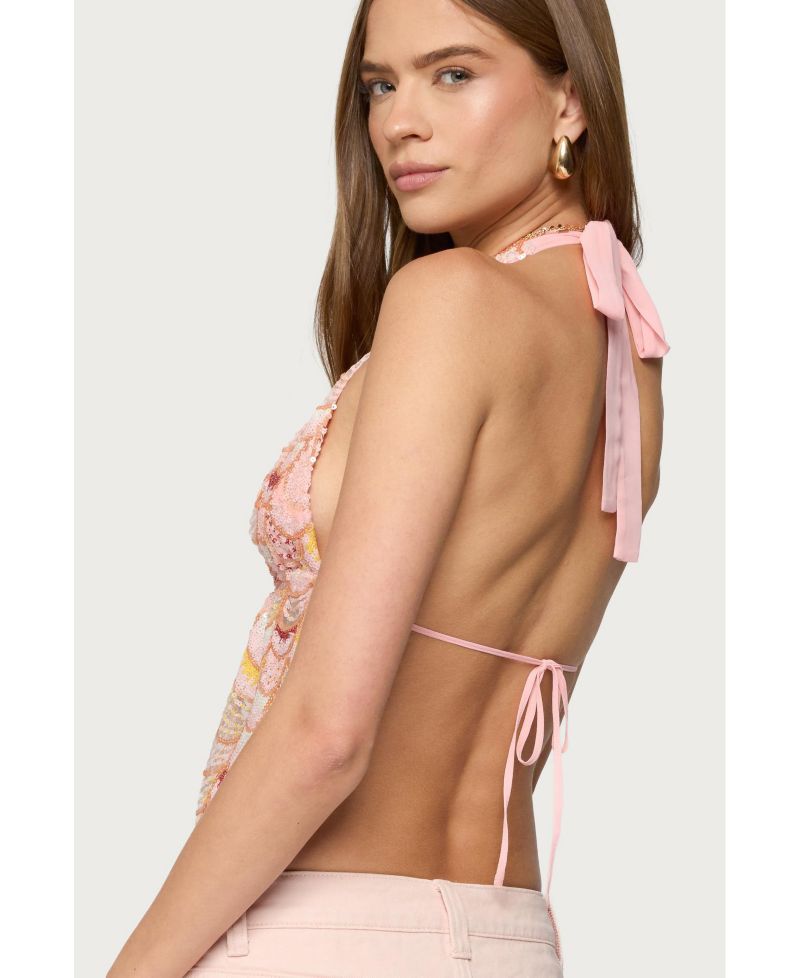 Women's Mermaid Backless Sequin Split Front Top