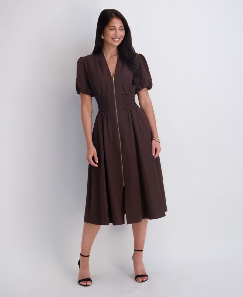Women's Puff-Sleeve Smocked-Waist A-Line Midi Dress