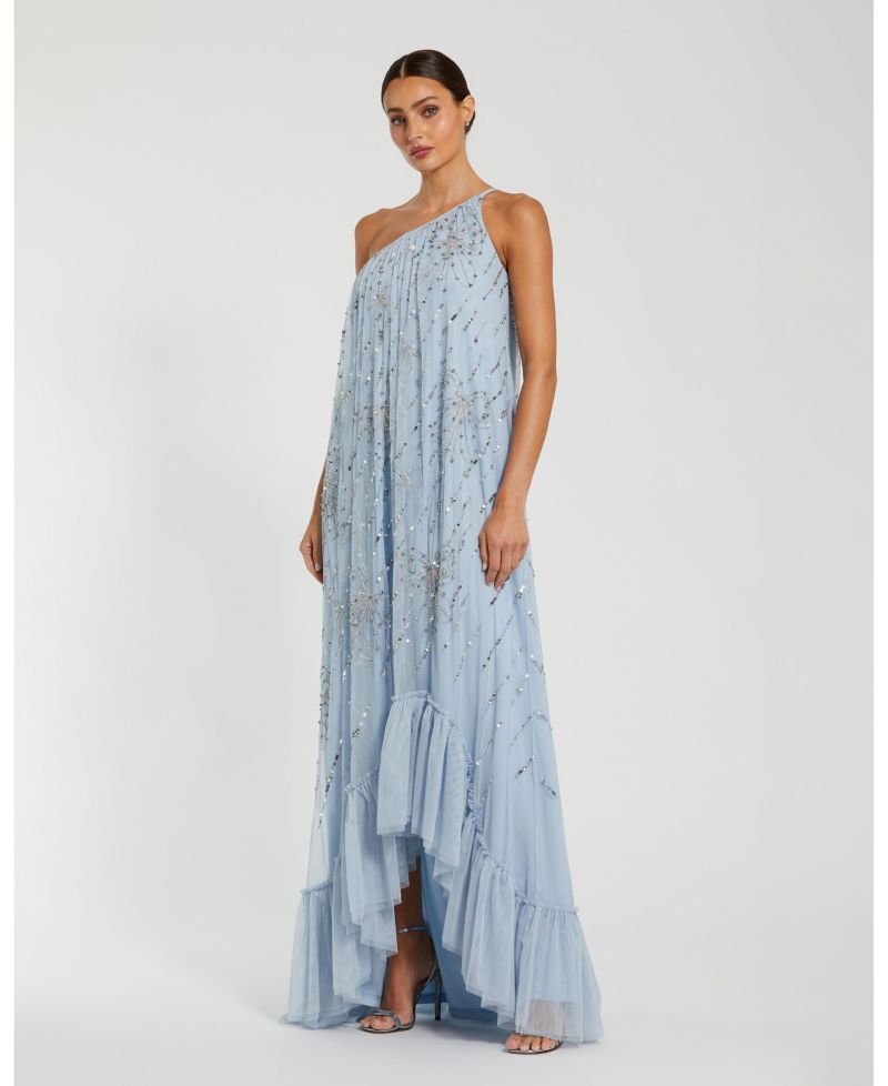 Women's Bow Embellished Mesh One Shoulder High Low Gown