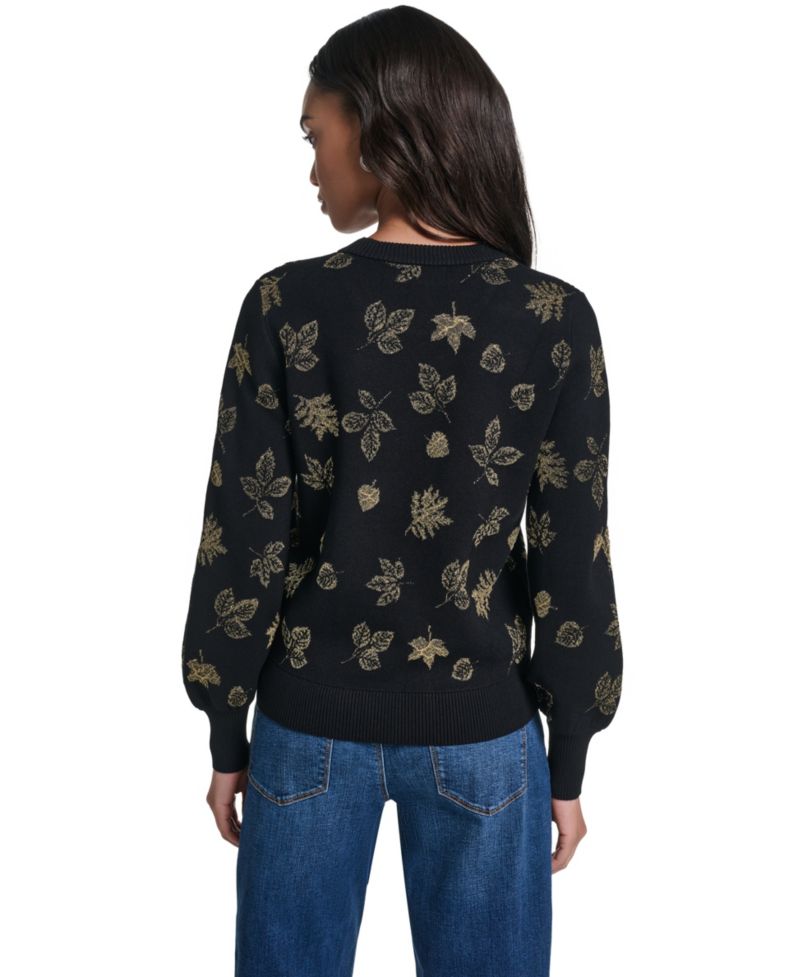 petite Metallic-Leaf Print Crewneck Sweater