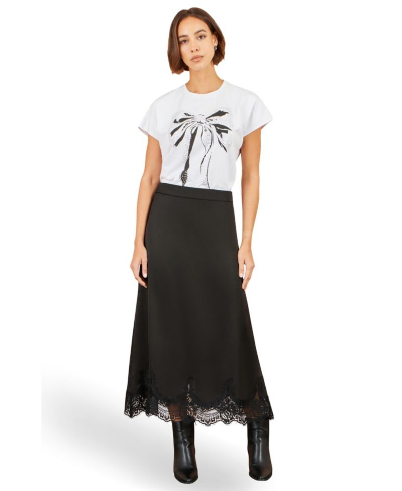 Women's High-Waisted Midi Lace-Trim Skirt