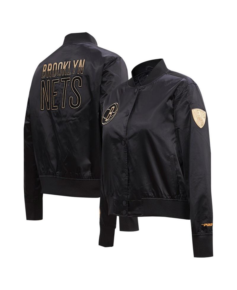 Women's Black Brooklyn Nets Glam Satin Full-Snap Varsity Jacket
