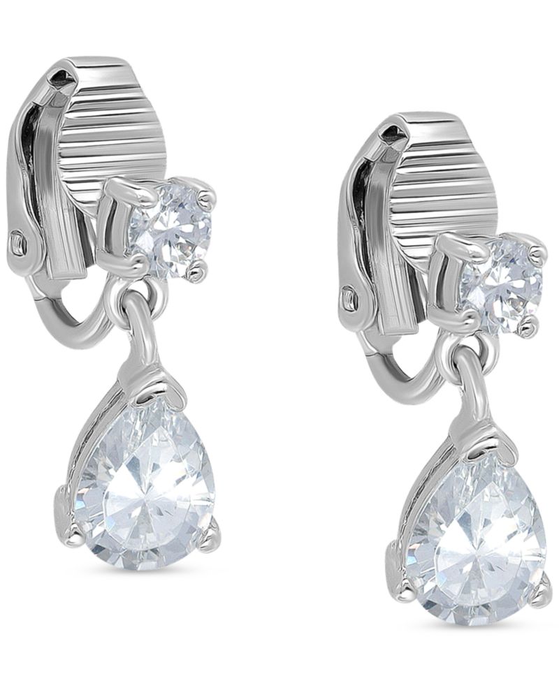 Cubic Zirconia Pear-Shape Clip-On Drop Earrings in Sterling Silver