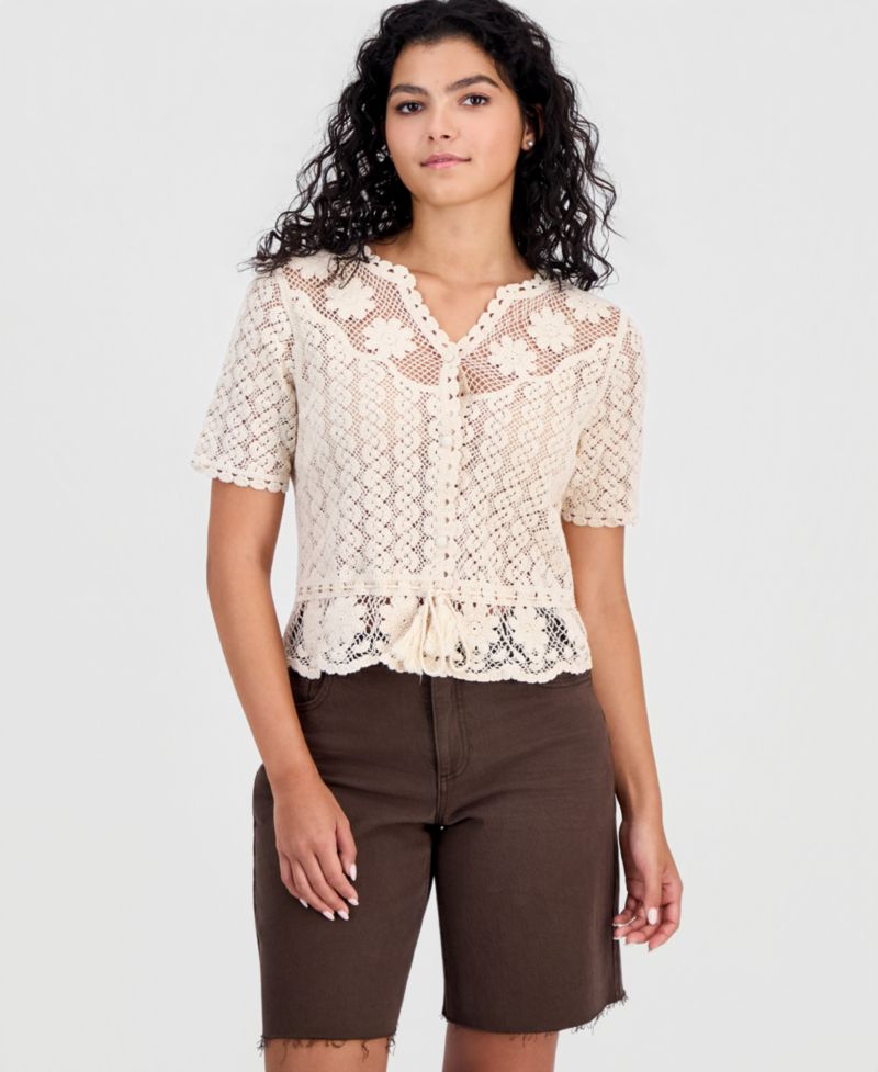 Women's Cotton Crochet Button-Front Peplum Top