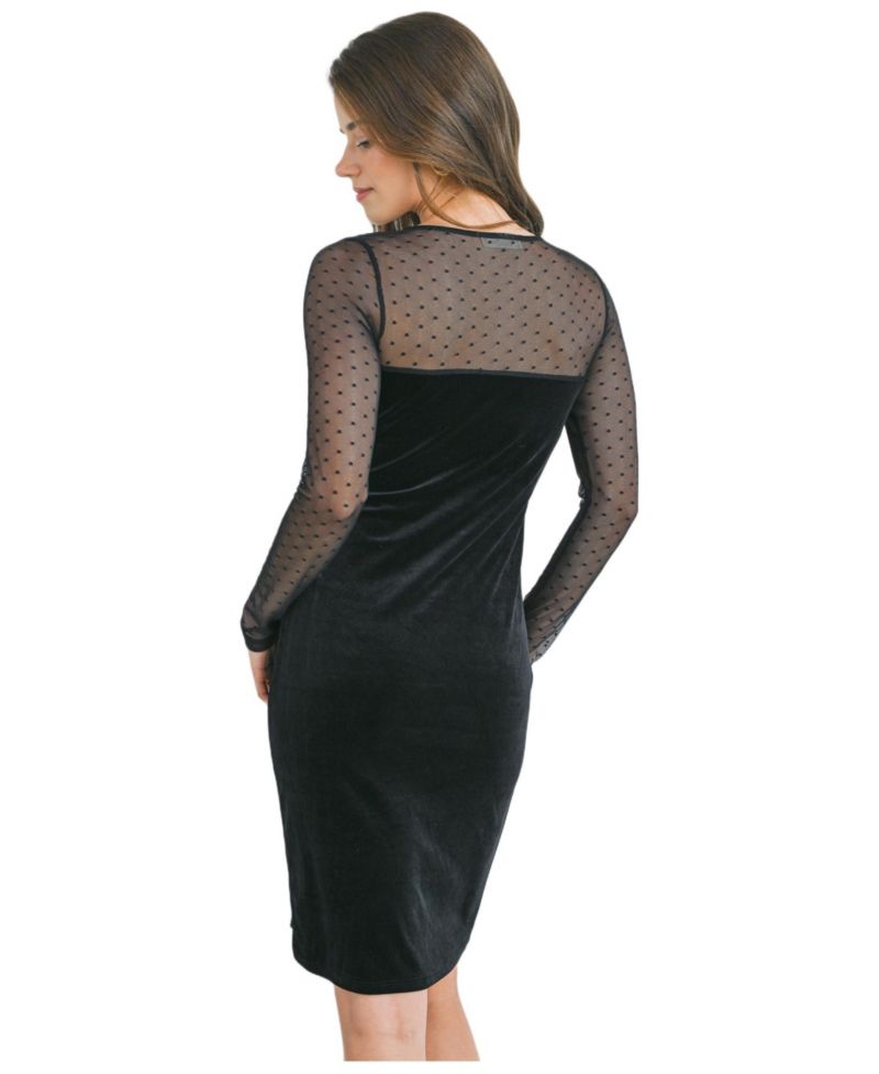 Women's Sheer Long Sleeve Square Neck Veltvet Dress