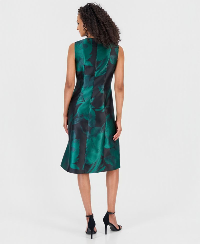 Women's Floral Jacquard Princess-Seam Fit & Flare Midi Dress
