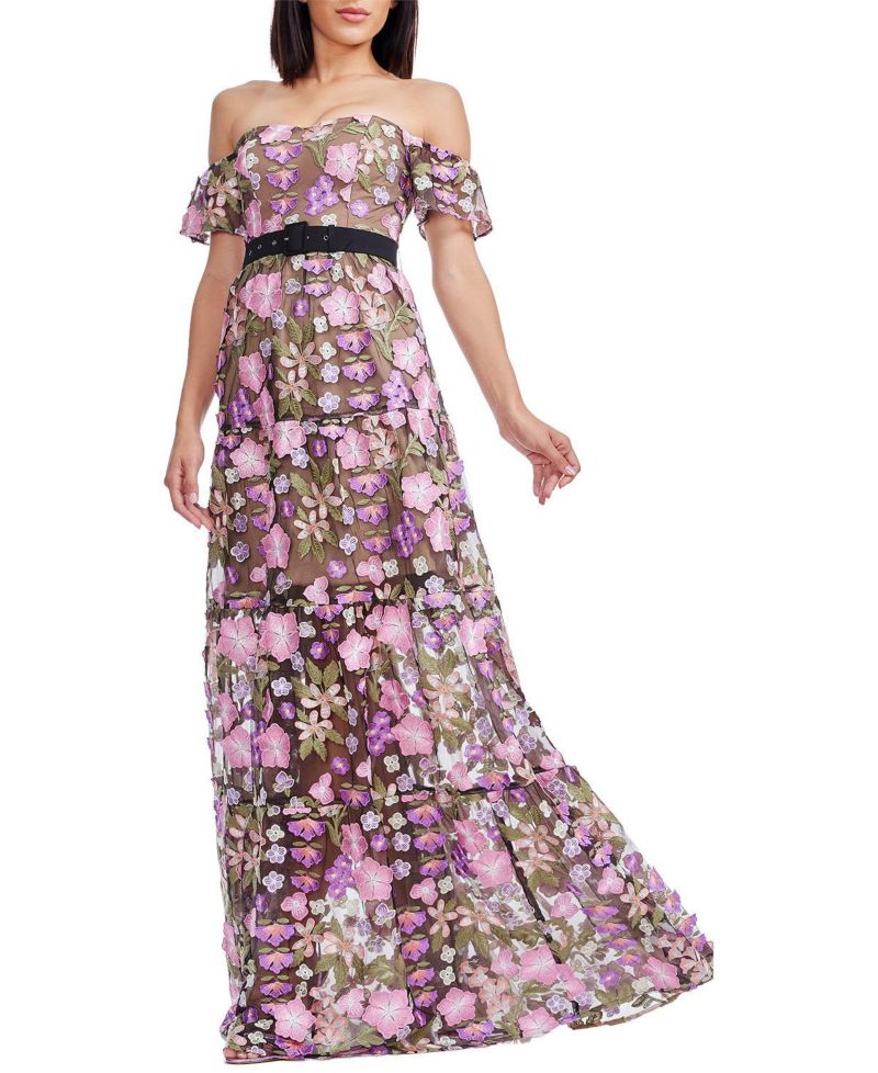 Women's Lara Off-the-Shoulder Sweetheart 3D Floral Embroidered Tiered Gown