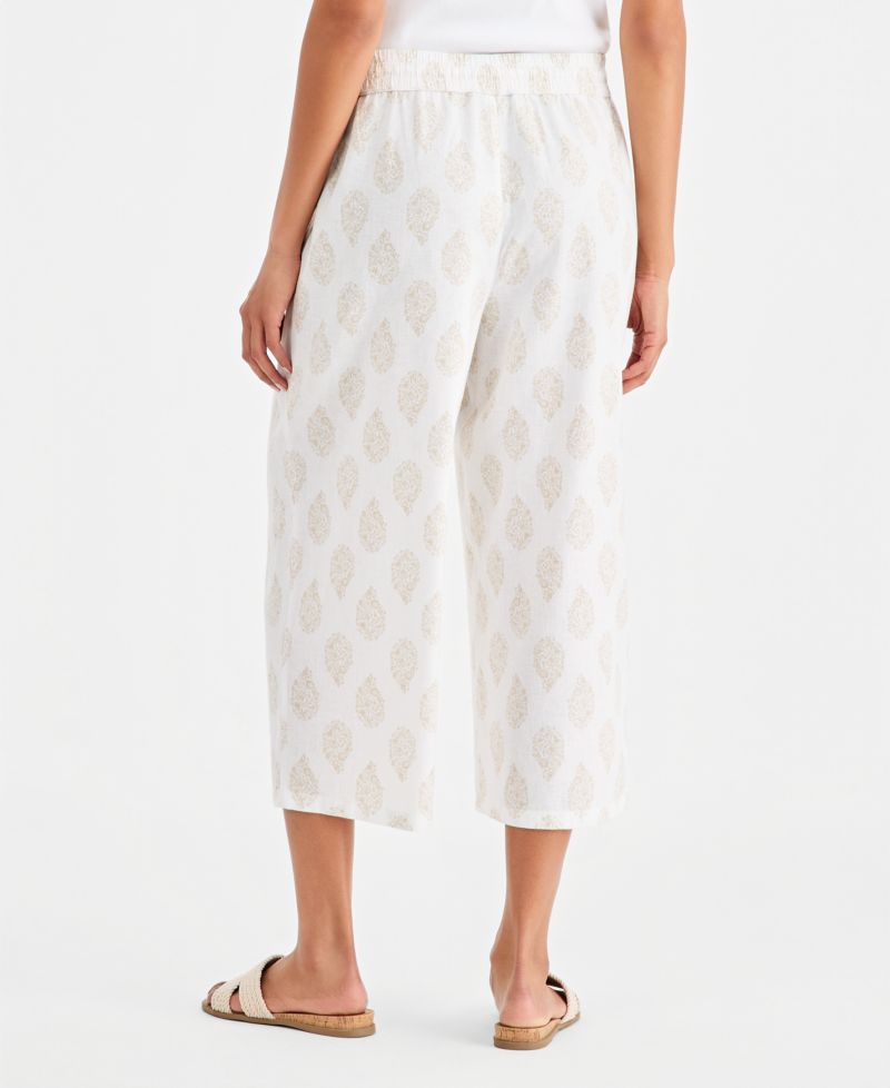 Women's Printed Linen Wide-Leg Capri Pants