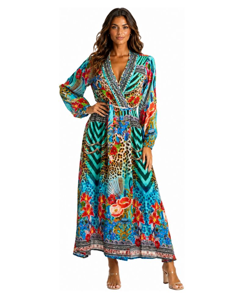Women's Leopard-and-Floral-Print Long-Sleeve V-Neck Wrap Maxi Dress