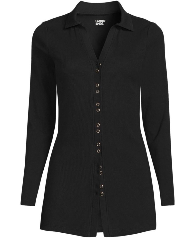 Women's Long Sleeve Polished Rib Button Through Tunic Shirt
