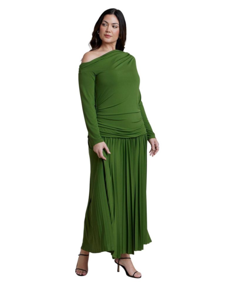 Plus Size Long-Sleeve Drop-Waist One-Shoulder Maxi Dress