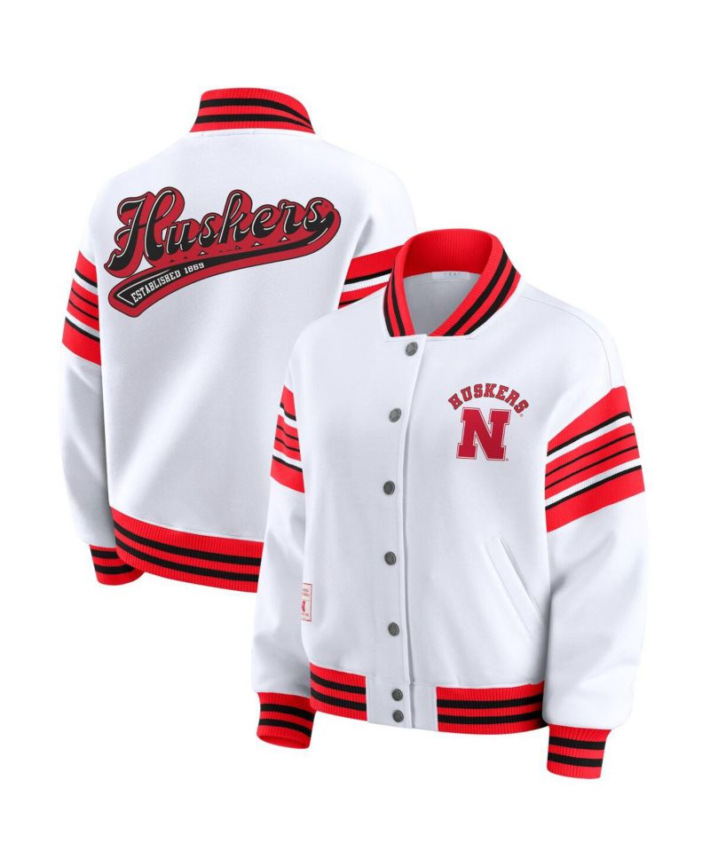 Women's White/Scarlet Nebraska Huskers Satin Stitch Full-Snap Fleece Sweatshirt Jacket