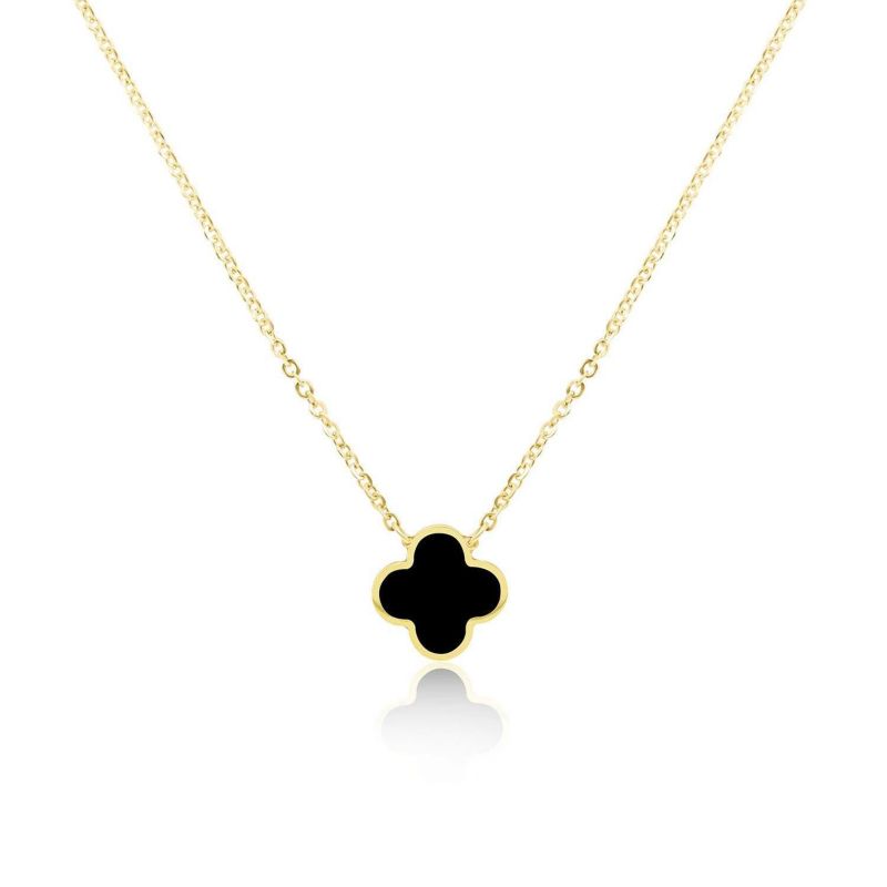 Small Onyx Single Clover Necklace 14K Yellow Gold