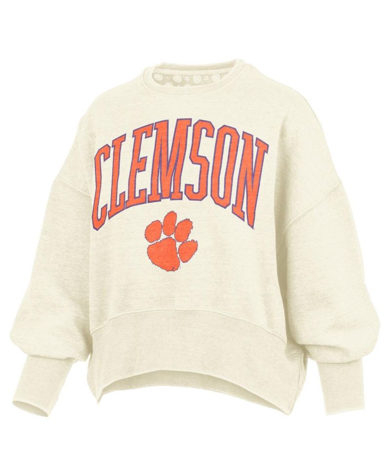 Women's Natural Clemson Tigers Oversized Waist-Length Crewneck Sweatshirt