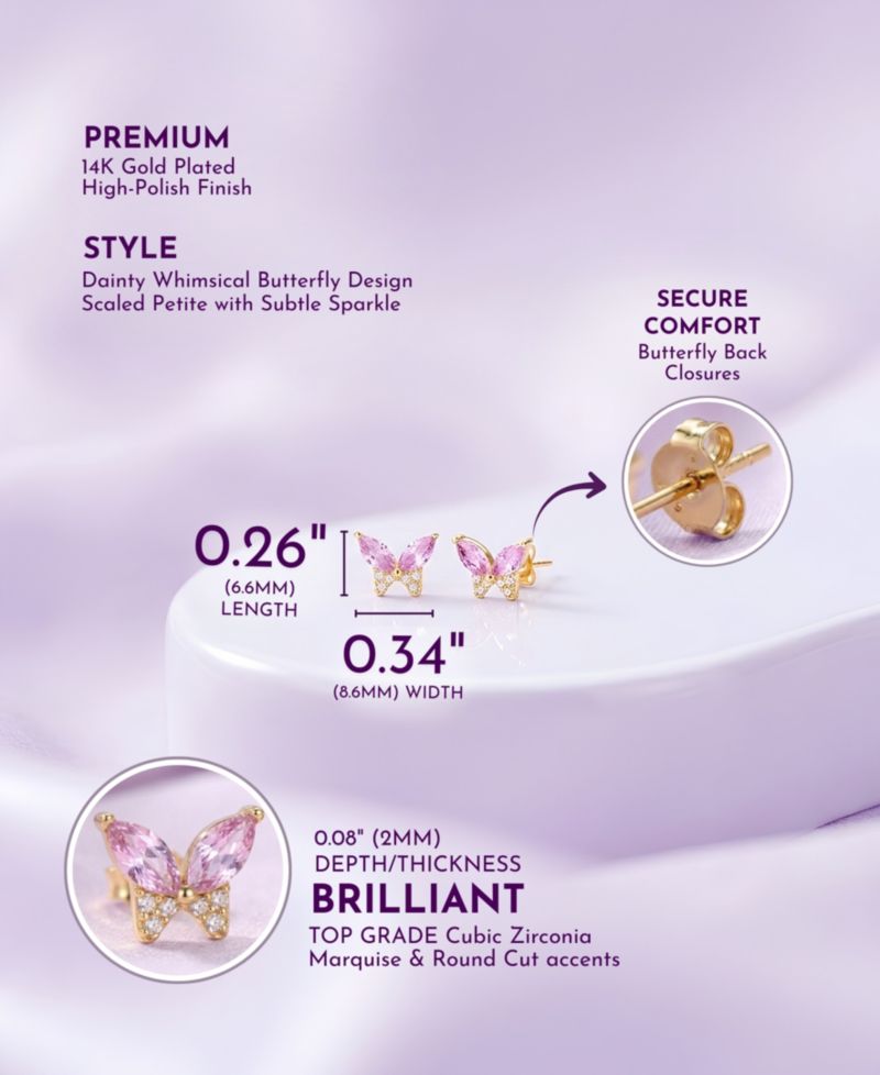 Dainty 14k Gold Plated Soft Pink CZ Butterfly Stud Earrings
