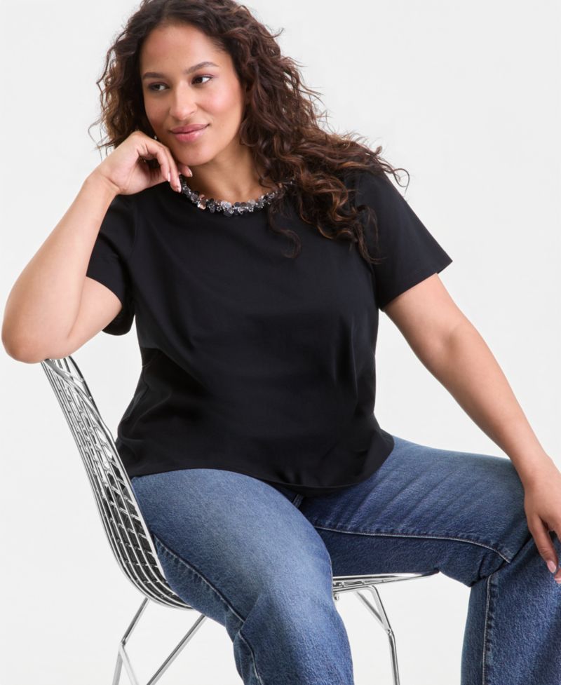 Plus Size Sequin-Neck-Trim T-Shirt