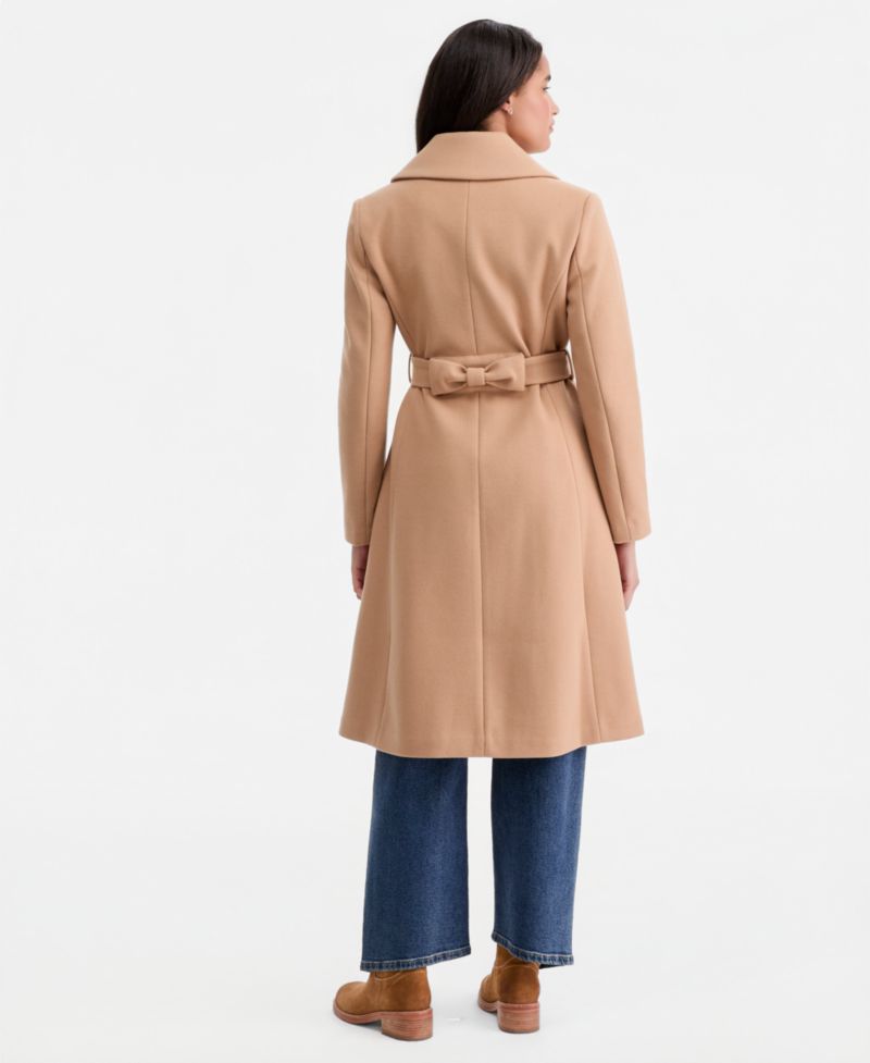 Petite Double-Breasted Belted Bow Back Coat