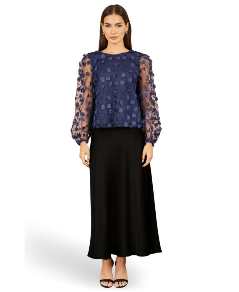 Women's Sheer Sleeve Applique Flower Top