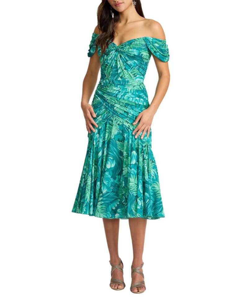 Women's Cabbie Foliage-Print Off-the-Shoulder Sweetheart Midi Dress