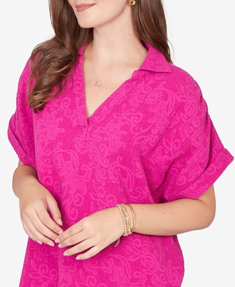 Petite Paisley Embossed Gauze Camp Shirt