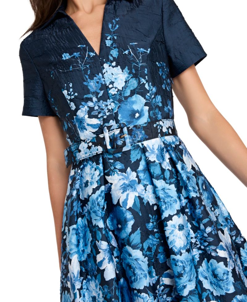 Women's Belted Floral-Print V-Neck Midi Dress
