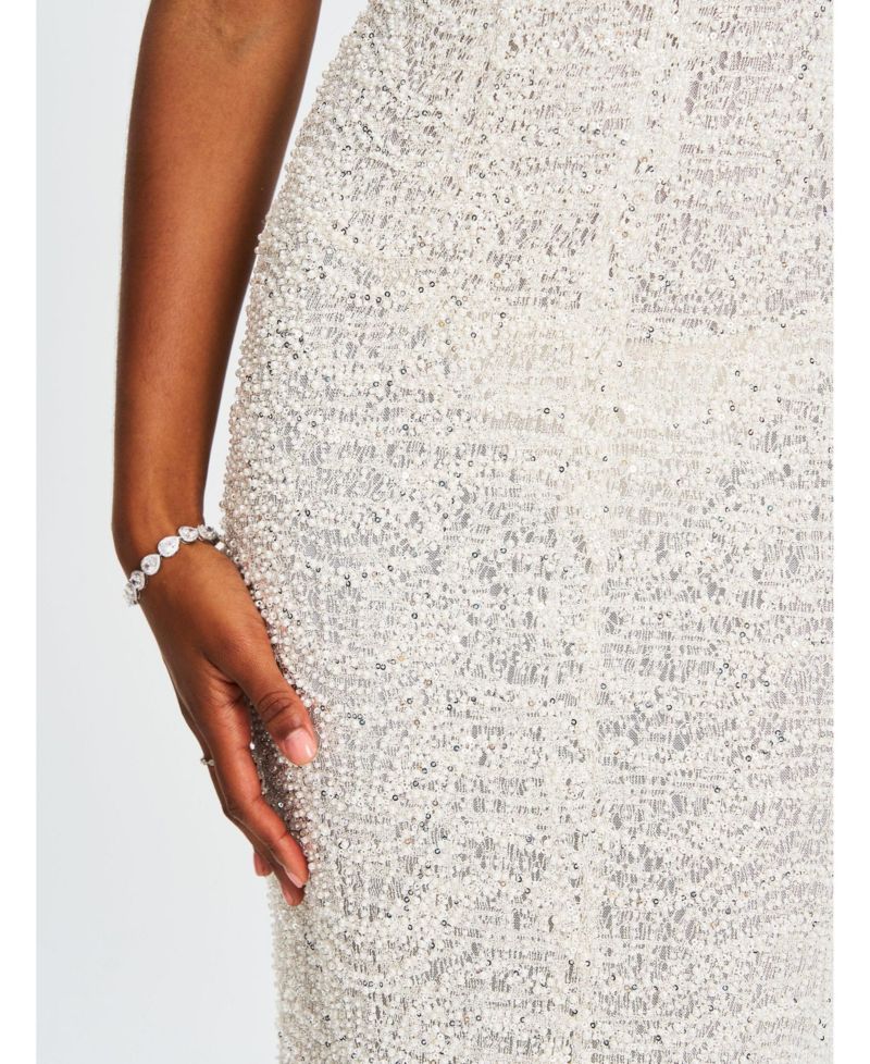 Women's Adelaide White Beaded Sequin Net Bodycon Gown