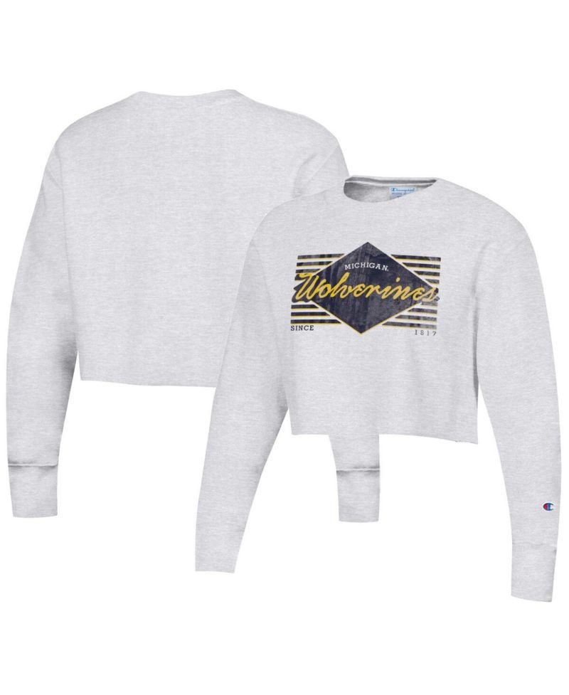 Women's Heather Gray Distressed Michigan Wolverines Reverse Weave Cropped Pullover Sweatshirt