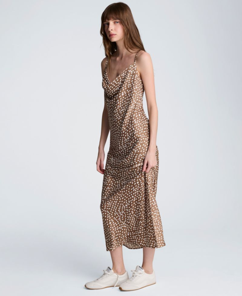 Women's Satin Dot Print Cowl Neck Slip Midi Dress