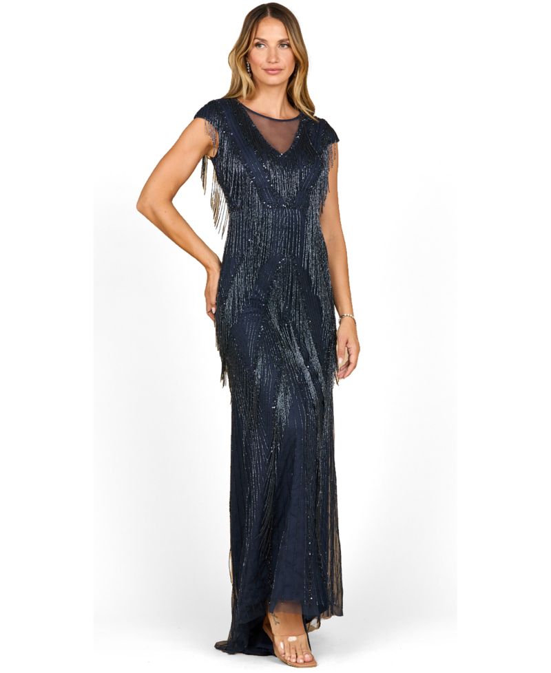 Women's Beaded Fringe V-Neckline Dress with Cap Sleeves