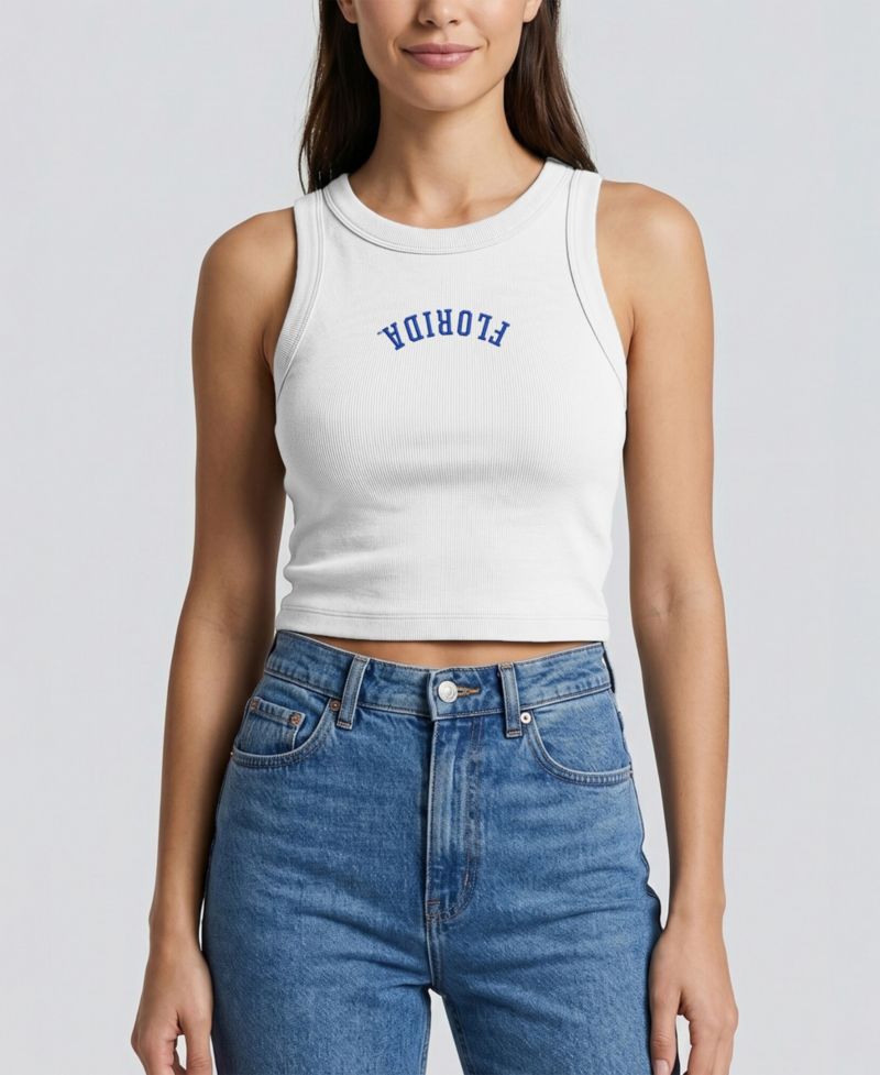 Women's White Florida Gators Upside Down Embroidery Ribbed Cropped Tank Top
