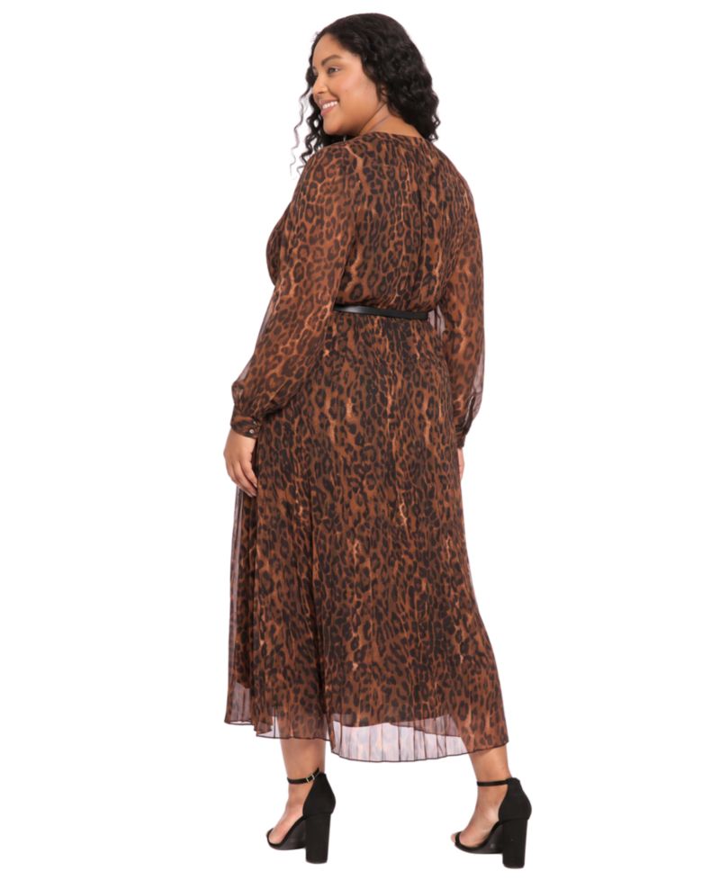 Plus Size Pleated Skirt Belted Mid Animal-Print Chiffon Dress