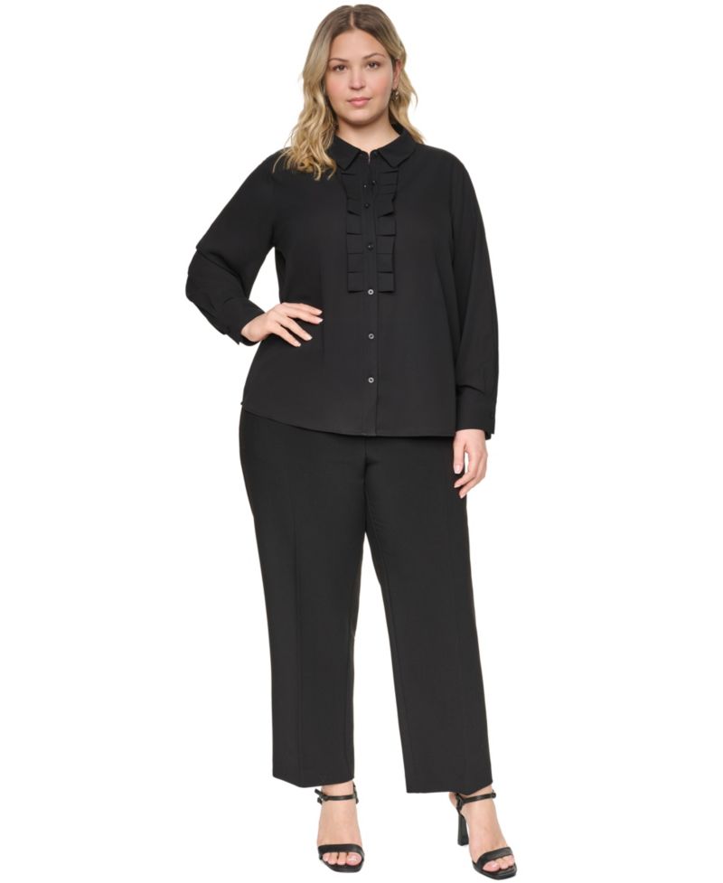 Plus Size Long-Sleeve Collared Pleated Blouse