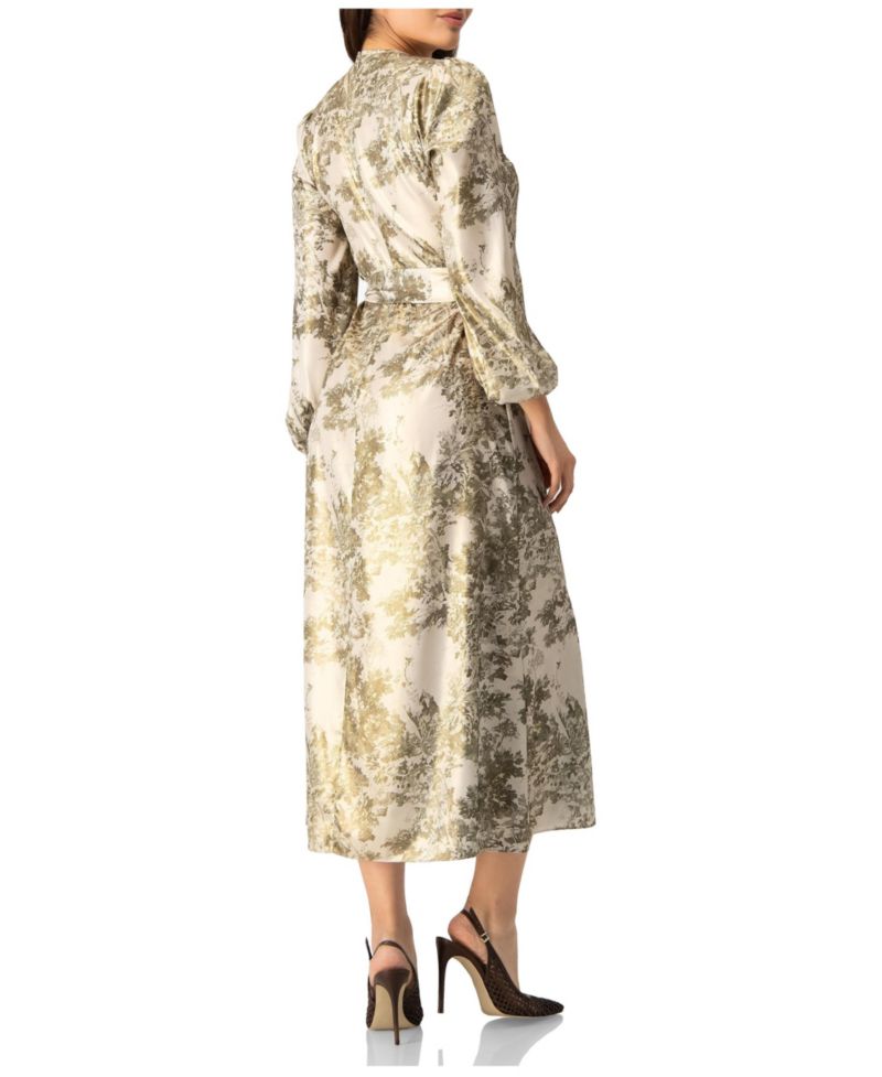 Women's Botanical Print Satin, Long Sleeve Belted Keyhole Midi Dress