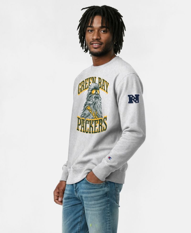 Men's Silver Green Bay Packers Disney X Champion Reverse Weave Fleece Crewneck Sweatshirt