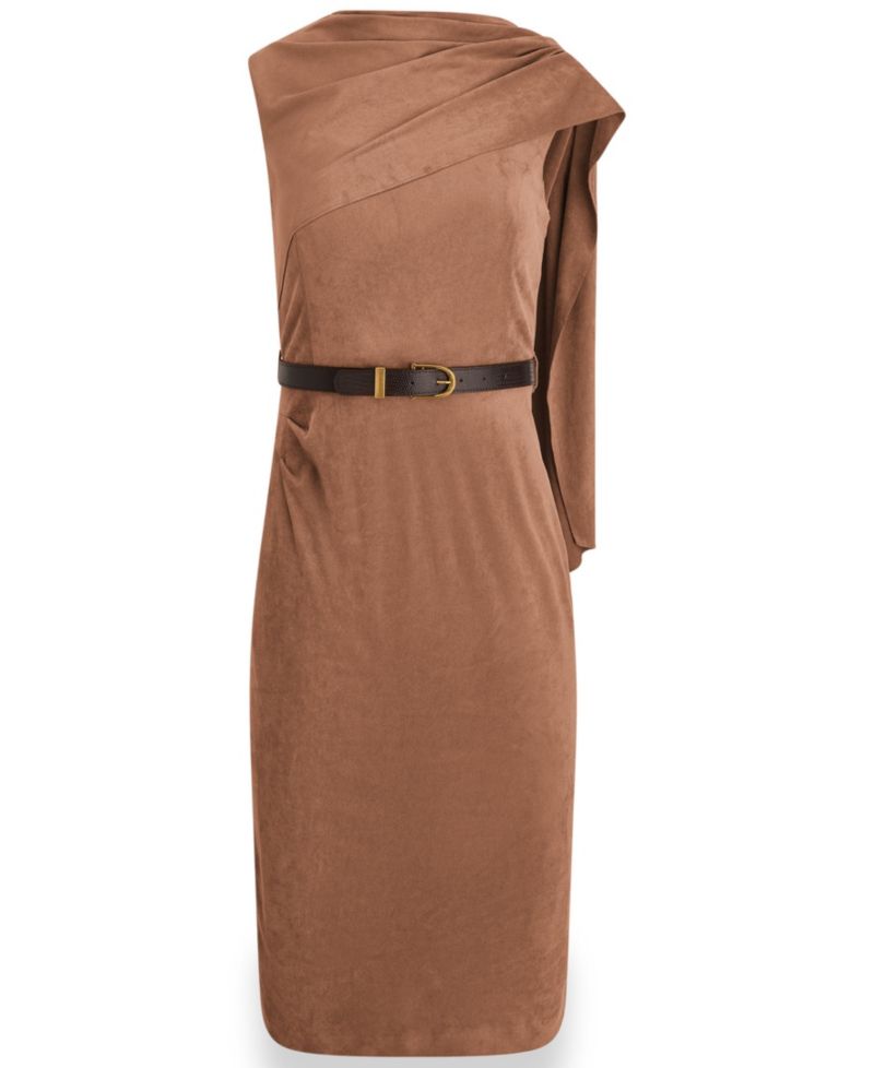 Women's Suede Draped Shoulder Panel Belted Midi Dress
