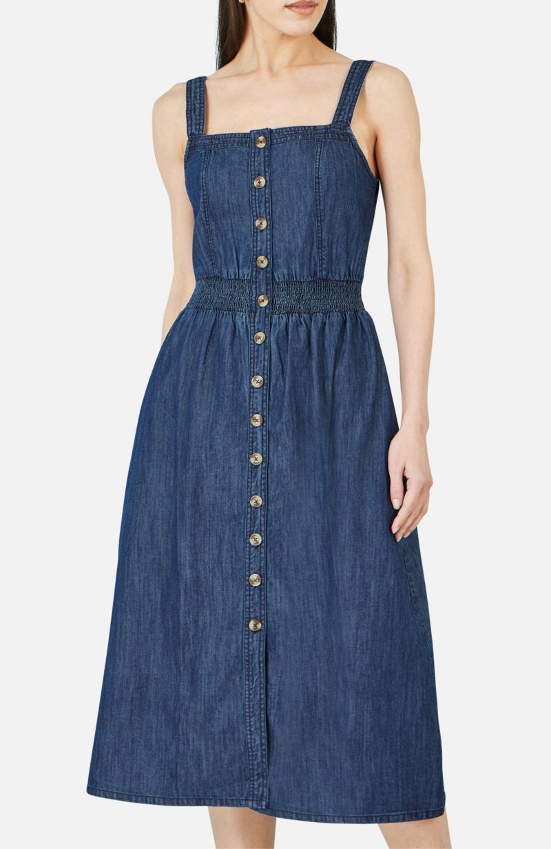 Women's Chambray Cotton Ruched Midi Sun Dress