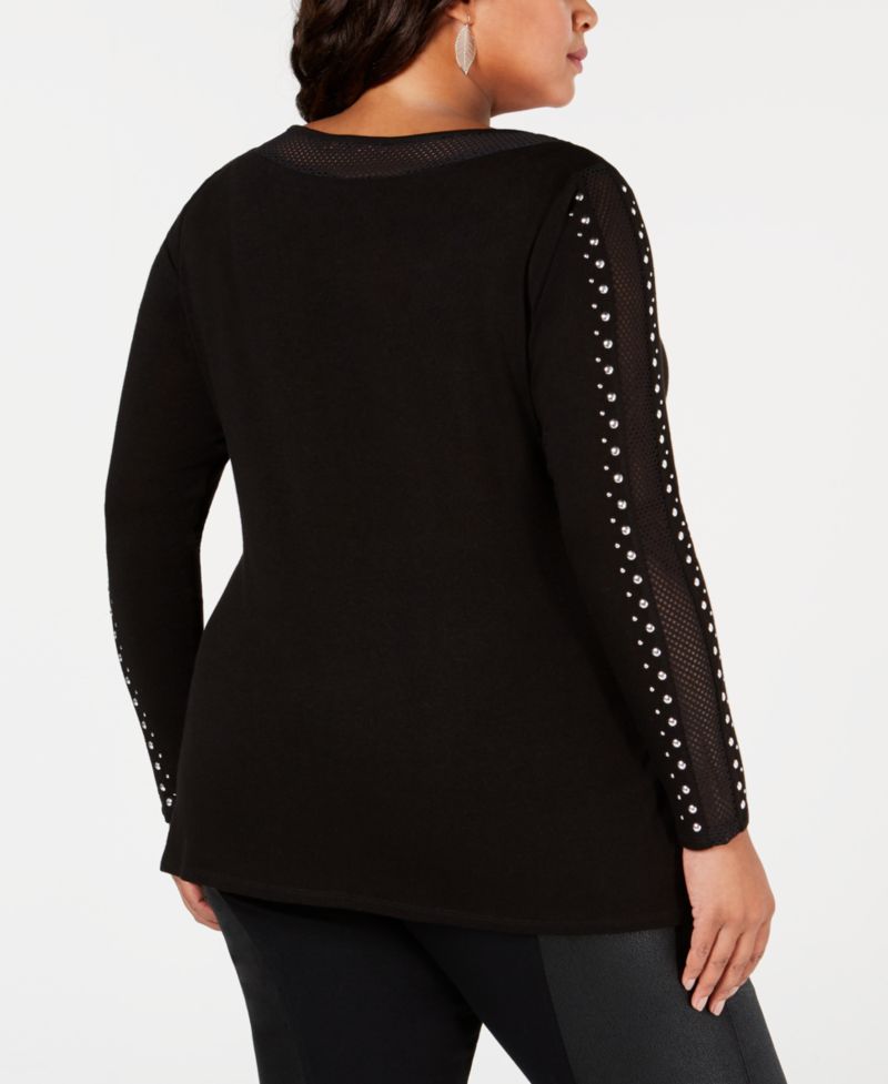 Plus Size Studded Mesh-Inset Tunic Sweater