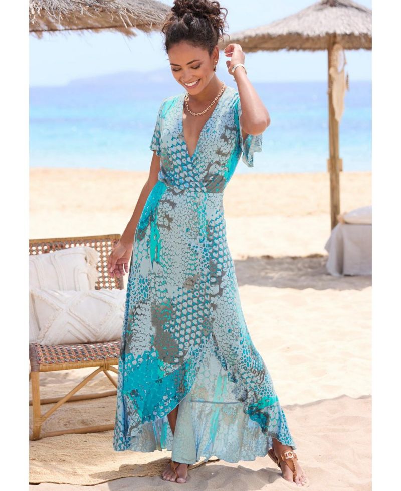 Women's Viscose Printed Side Slit Ruffle-Trim Maxi Dress