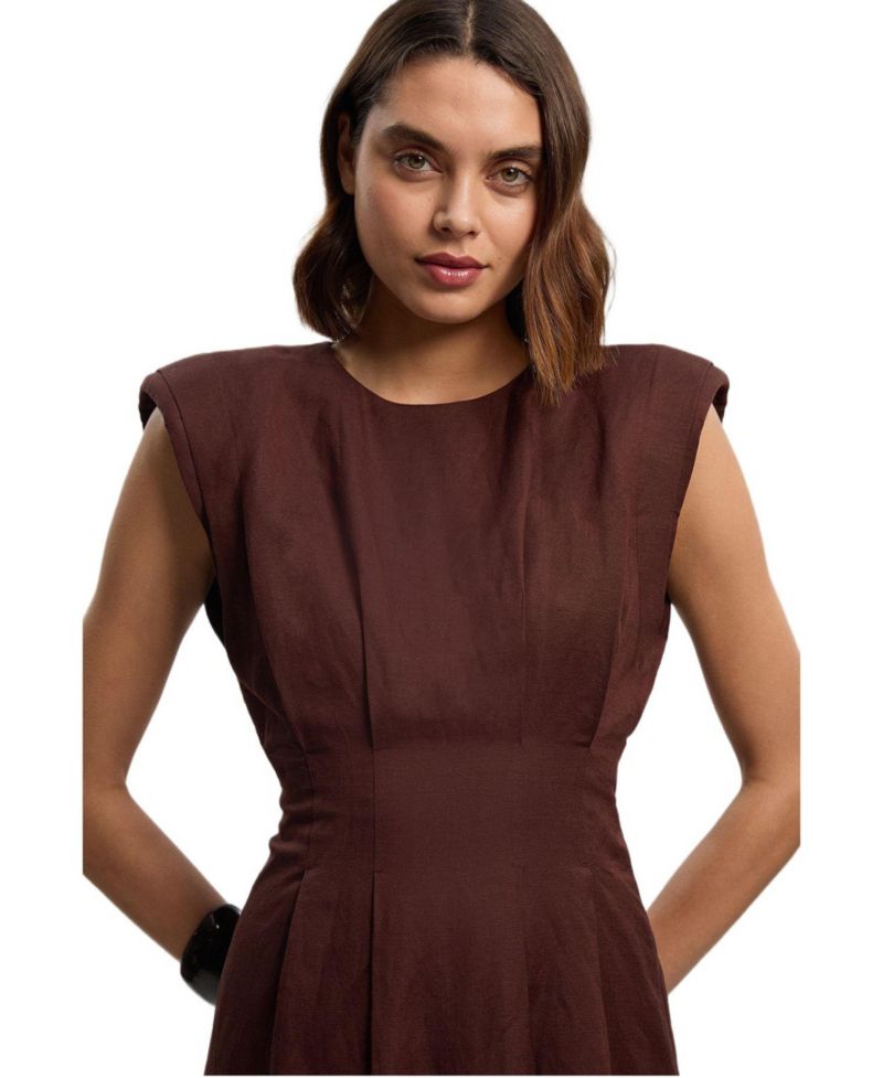 Women's Linen Blend Pintuck Midi Dress
